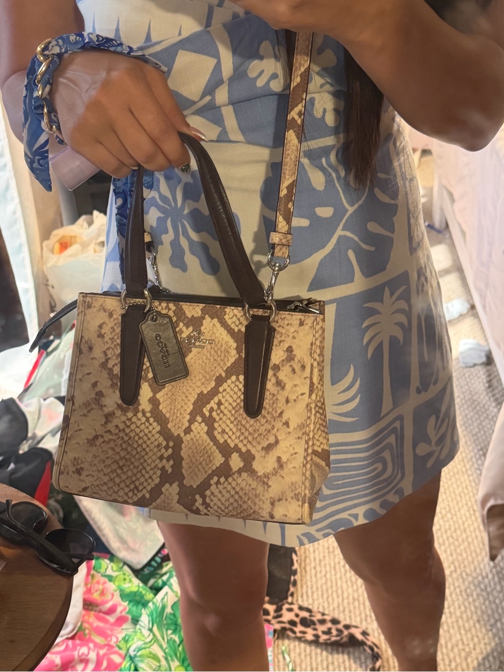 Coach Snake-Print python Satchel in Beige and Brown with Dark Brown Handles